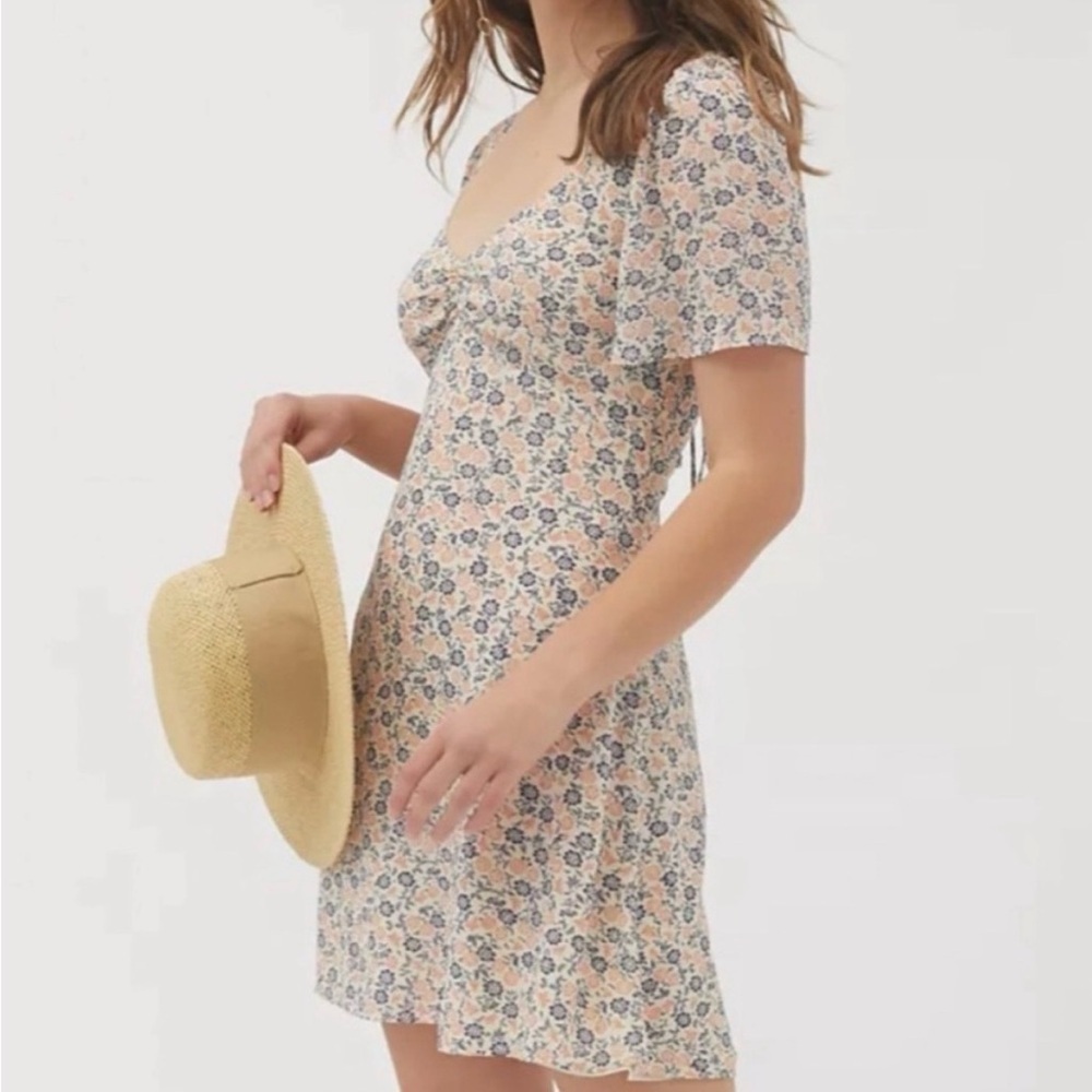 Urban Outfitters Floral Mini Dress XS Cottagecore Blue Peach Flutter Sleeve